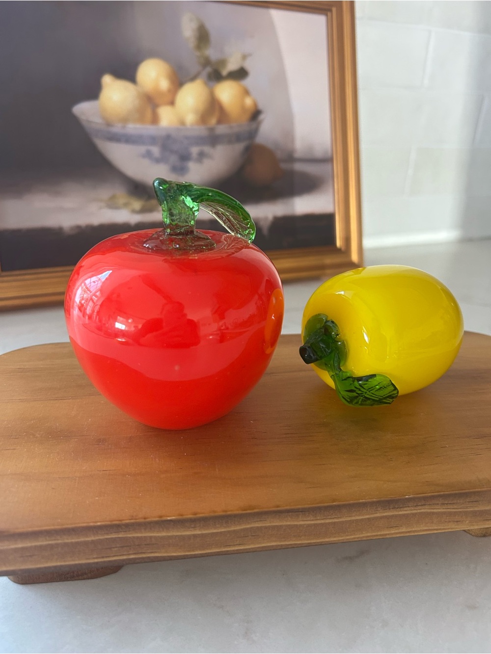 Art Glass Apple & Lemon Fruit Figurines Paperweights Set of 2